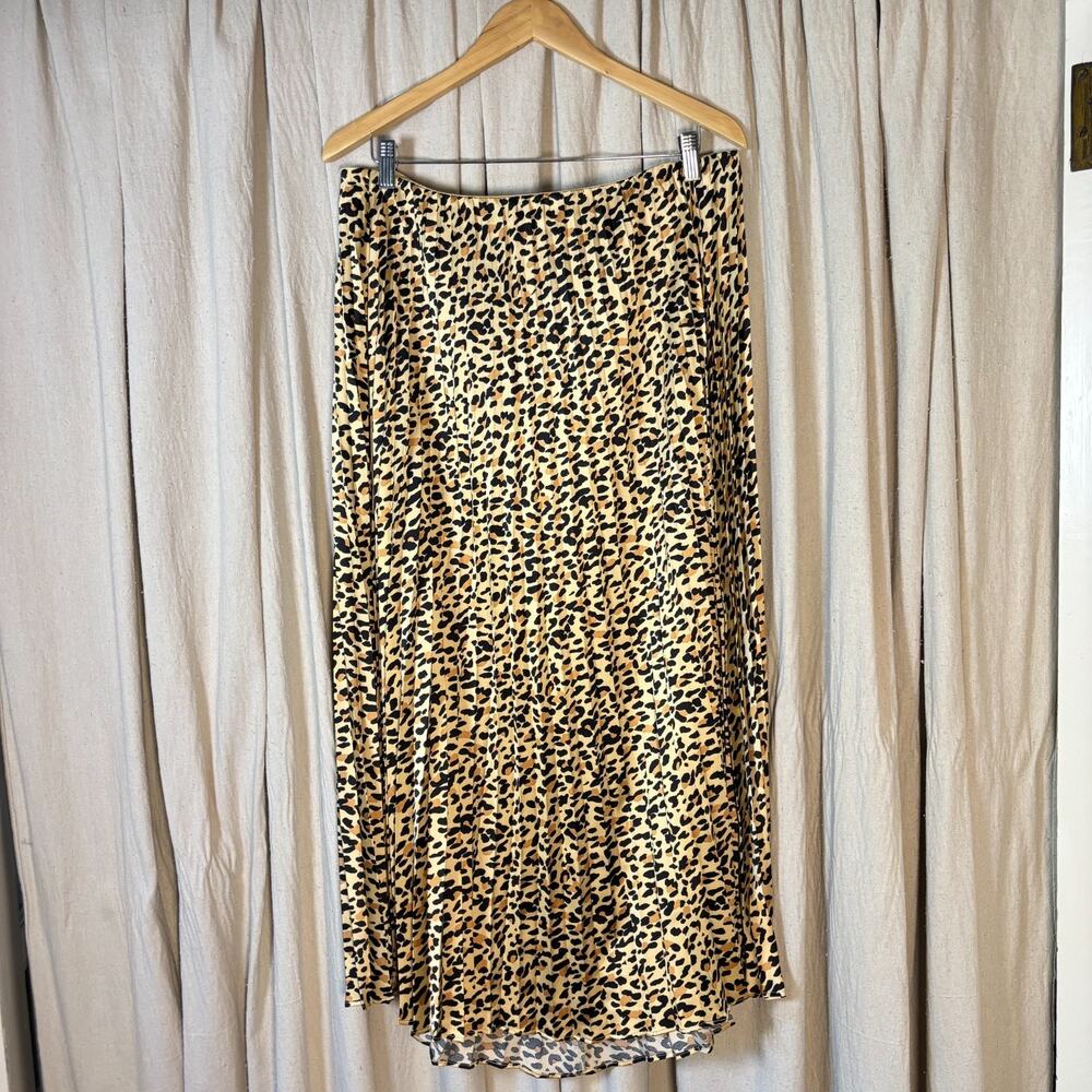 Leopard Print Pleated Satin Maxi Skirt Elastic Waist XL Recycled Material